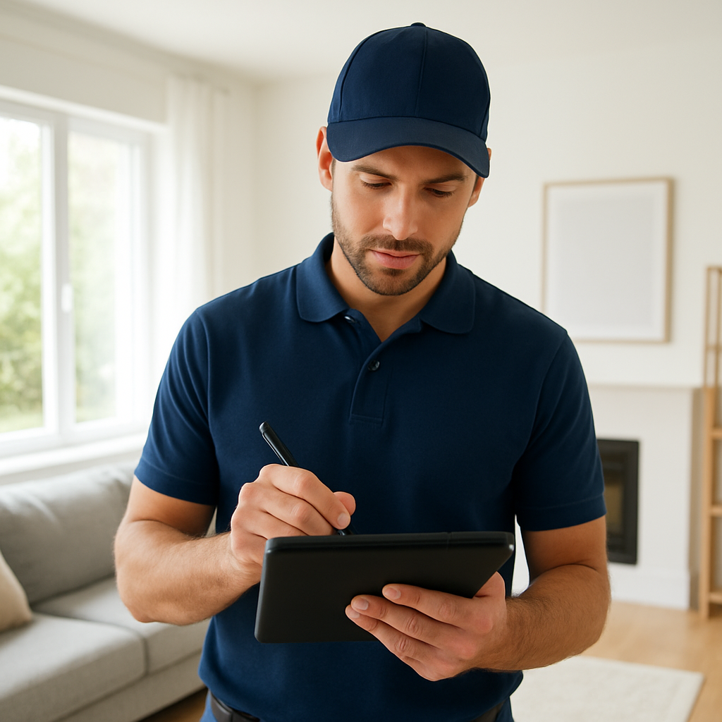 A home professional assessing a home and taking notes on a tablet